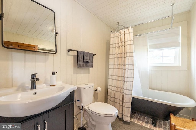 full bathroom featuring wooden ceiling, vanity, toilet, and shower / bath combination with curtain