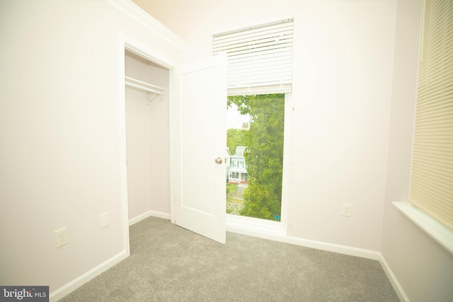 unfurnished bedroom with light colored carpet and a closet