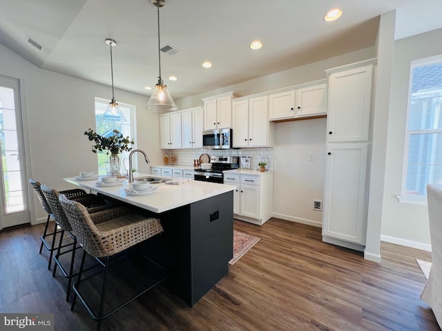 kitchen featuring white cabinets, sink, stainless steel appliances, and a kitchen island with sink