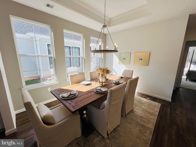 dining room featuring ornamental molding, a raised ceiling, plenty of natural light, and dark wood-type flooring