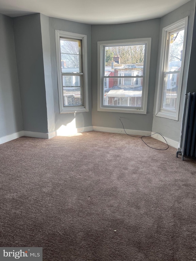 unfurnished room with radiator and carpet