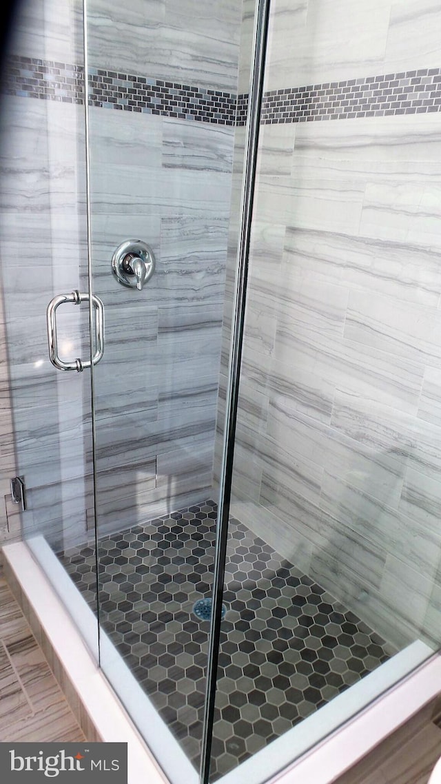 bathroom featuring a shower with shower door