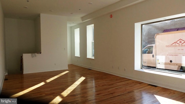 spare room featuring plenty of natural light and dark hardwood / wood-style flooring