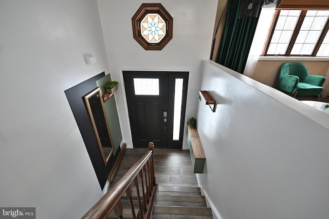 entryway with dark hardwood / wood-style flooring and a towering ceiling