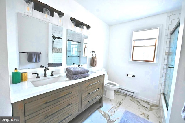 full bathroom featuring vanity, baseboard heating, bath / shower combo with glass door, and toilet