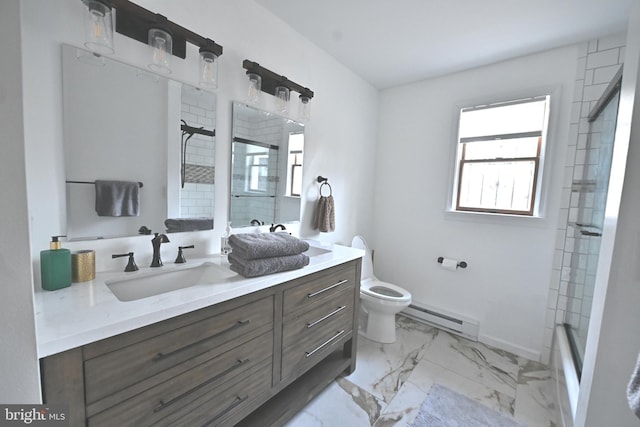 full bathroom featuring a baseboard heating unit, toilet, bath / shower combo with glass door, and vanity