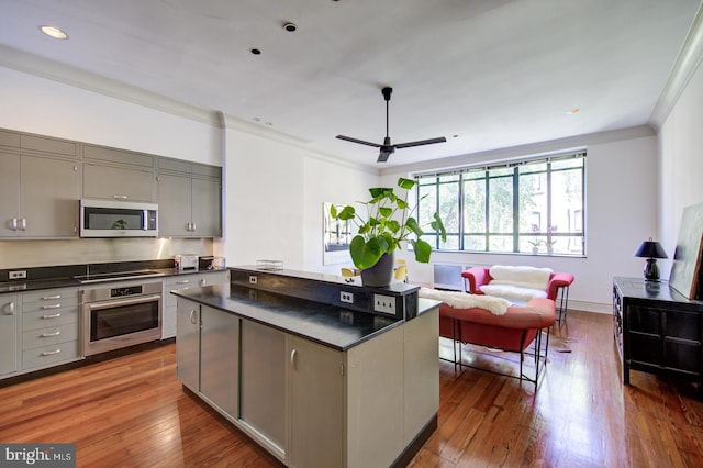 kitchen featuring dark hardwood / wood-style flooring, appliances with stainless steel finishes, crown molding, gray cabinets, and ceiling fan