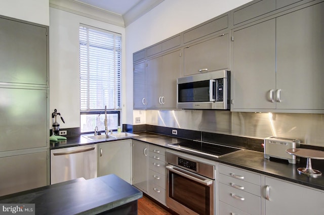 kitchen featuring gray cabinetry, a healthy amount of sunlight, and appliances with stainless steel finishes