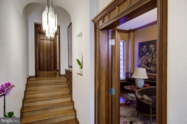 staircase featuring dark hardwood / wood-style flooring, a notable chandelier, and ornamental molding