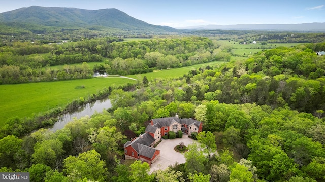 drone / aerial view with a water and mountain view