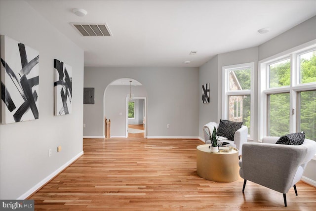 living area with light hardwood / wood-style flooring