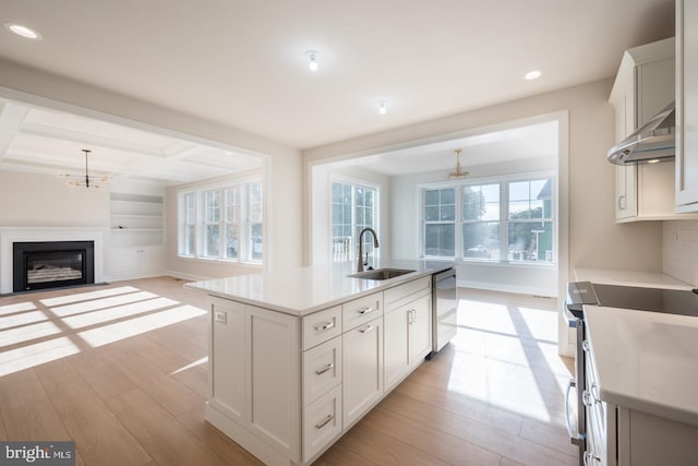 kitchen with wall chimney range hood, light hardwood / wood-style floors, sink, and a center island with sink