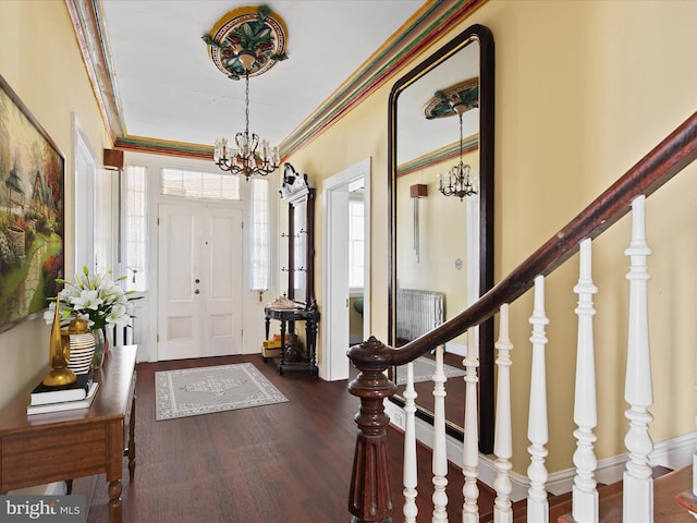 entryway with a notable chandelier, dark hardwood / wood-style floors, and ornamental molding