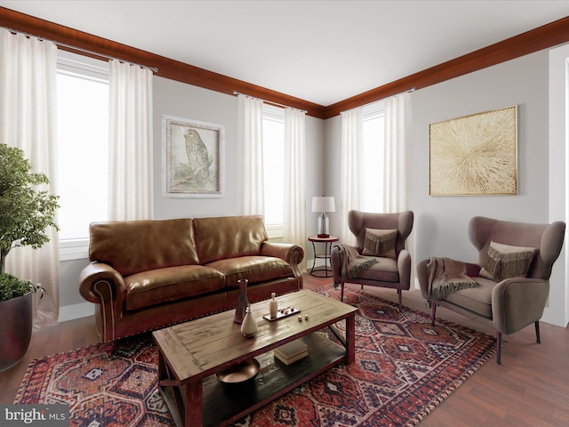 living room with dark hardwood / wood-style flooring and crown molding