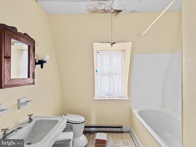 full bathroom featuring tile floors,  shower combination, a baseboard radiator, sink, and toilet