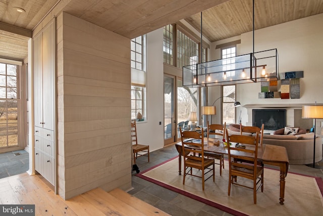 dining space featuring a chandelier, a healthy amount of sunlight, and wooden ceiling