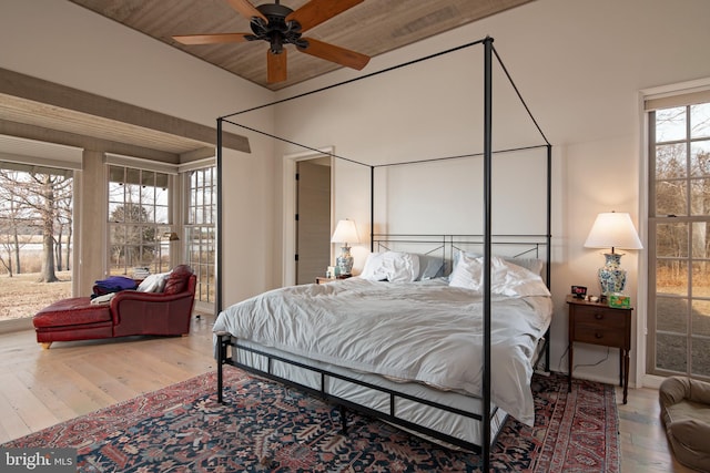 bedroom featuring ceiling fan and light wood-type flooring