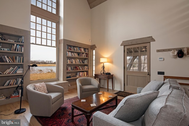 living room with a high ceiling and light hardwood / wood-style floors