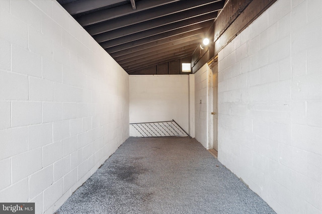 basement featuring dark colored carpet