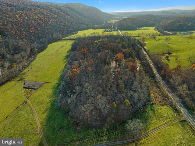 bird's eye view featuring a mountain view and a rural view