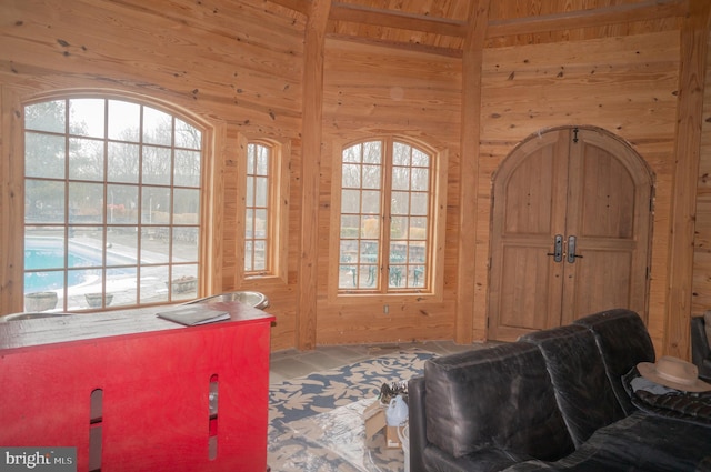 interior space with wood walls and a healthy amount of sunlight