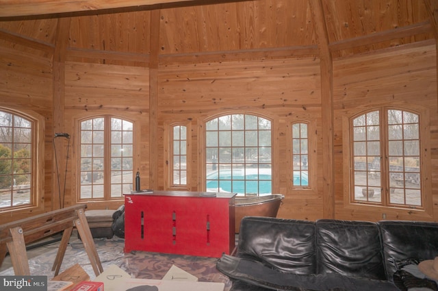 interior space with high vaulted ceiling and wooden walls