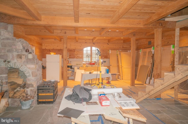 interior space with a fireplace, wood ceiling, beamed ceiling, and wooden walls