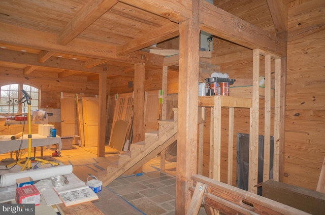 misc room with beam ceiling, wood walls, and wooden ceiling