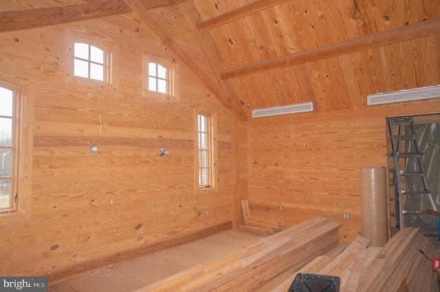 view of sauna featuring wooden walls and wood ceiling