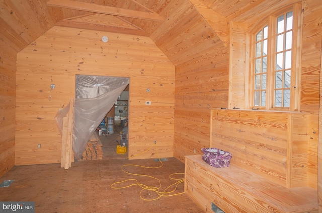 interior space featuring wooden ceiling, wood walls, plenty of natural light, and vaulted ceiling