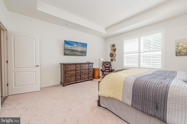 bedroom featuring light carpet and a raised ceiling