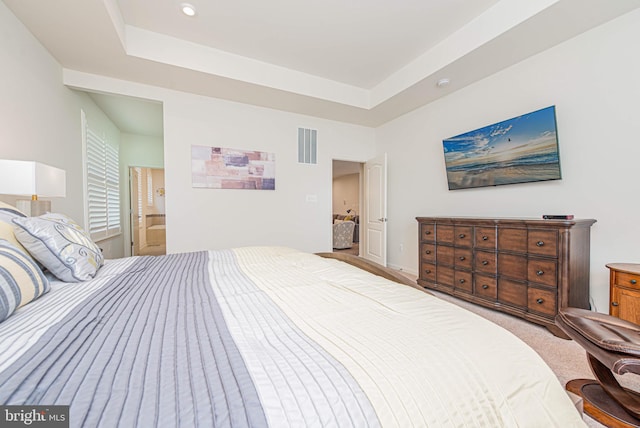 carpeted bedroom featuring a raised ceiling