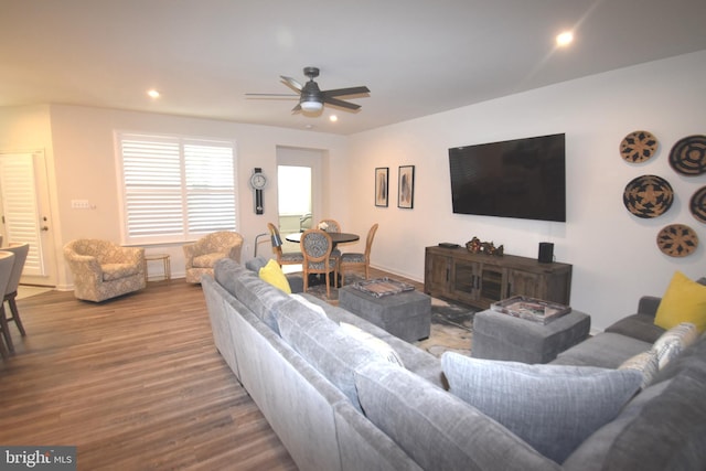 living room featuring ceiling fan and light hardwood / wood-style flooring