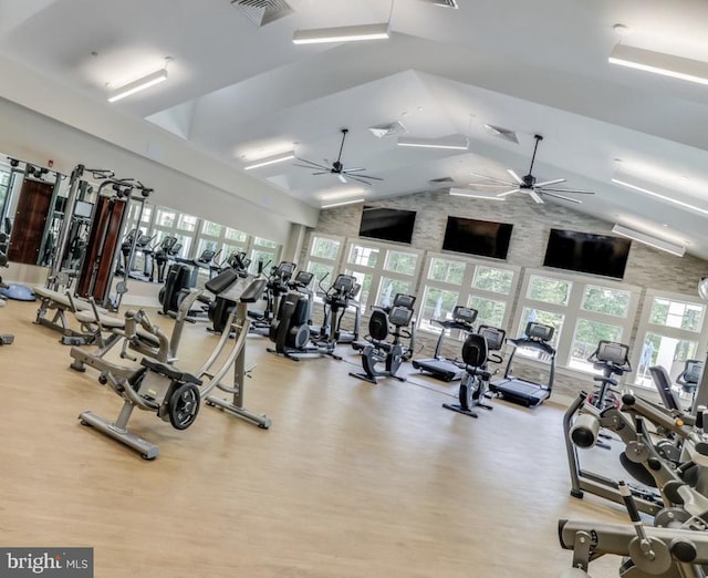 gym featuring ceiling fan, light hardwood / wood-style flooring, and high vaulted ceiling