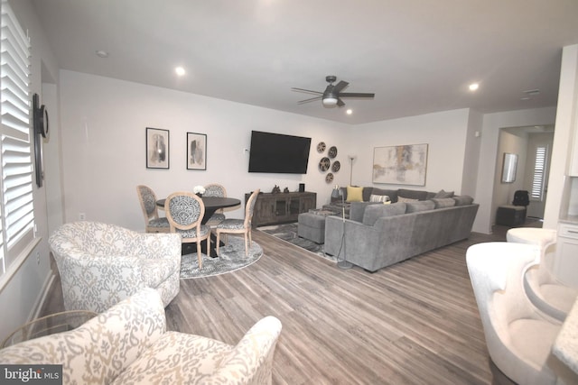 living room with ceiling fan and hardwood / wood-style flooring