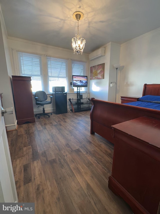 bedroom featuring ornamental molding, a notable chandelier, dark hardwood / wood-style flooring, and a wall mounted air conditioner