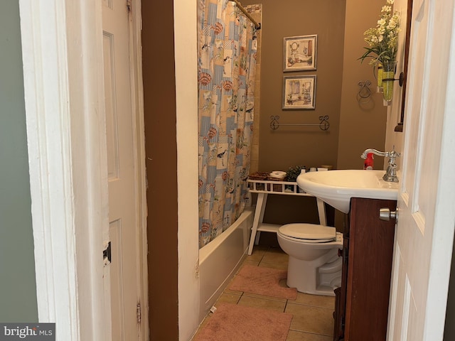 full bathroom featuring vanity, toilet, shower / tub combo, and tile patterned flooring