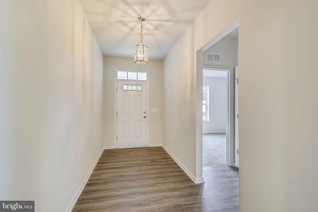 foyer entrance featuring plenty of natural light, a notable chandelier, and dark hardwood / wood-style flooring