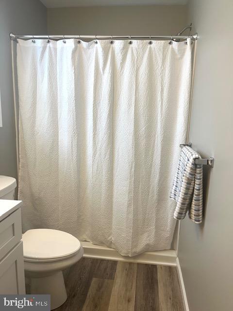 19 Pacific Ave, Milroy, PA 17063 - bathroom with vanity, hardwood / wood-style floors, a shower with shower curtain, and toilet
