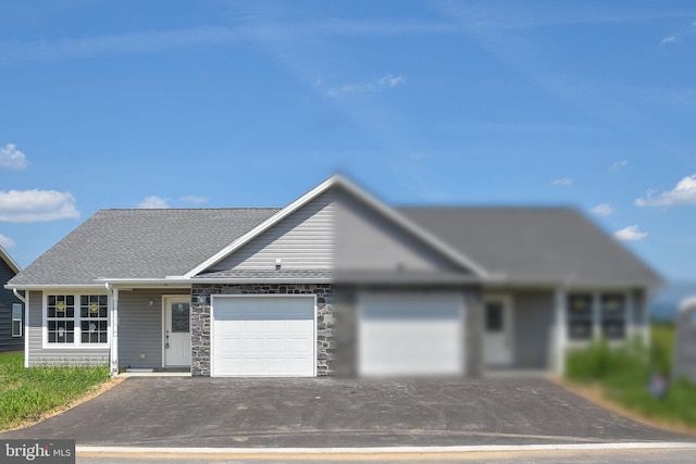 ranch-style house with a garage, stone siding, driveway, and a shingled roof