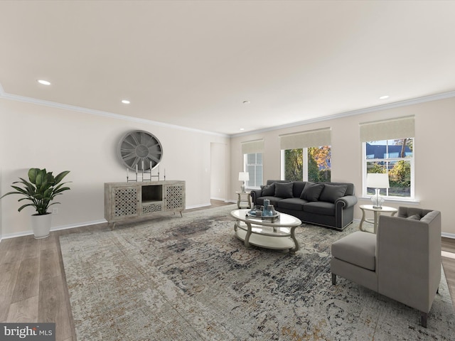 living room with light wood-type flooring and crown molding