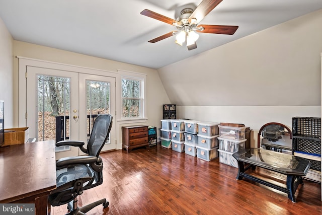 office area with vaulted ceiling, ceiling fan, french doors, and dark wood-type flooring