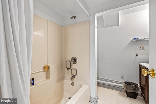 bathroom with tile flooring and shower / bath combo