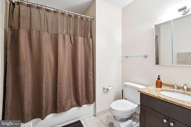 full bathroom with shower / bath combo, toilet, vanity, and tile flooring