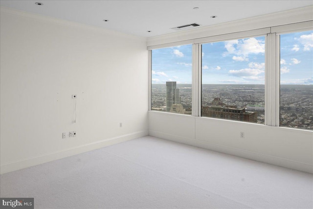 spare room with plenty of natural light, ornamental molding, and light colored carpet