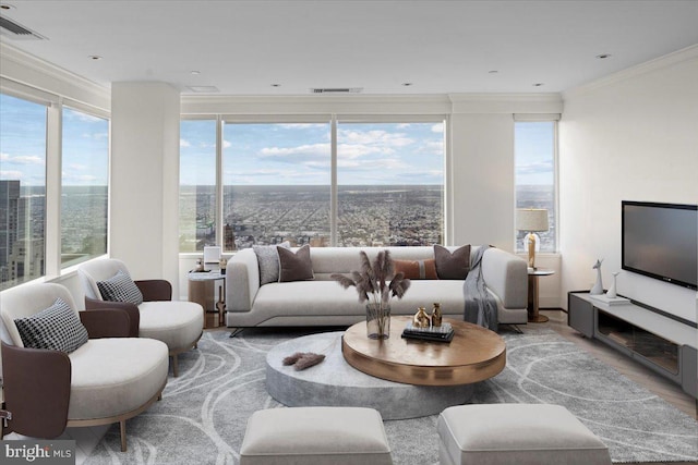 living room featuring crown molding and light hardwood / wood-style floors