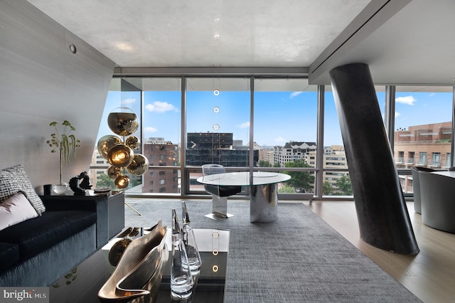 living room with floor to ceiling windows and light hardwood / wood-style floors