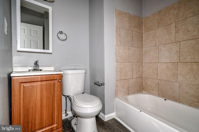 full bathroom with shower / bath combination, toilet, vanity, and wood-type flooring