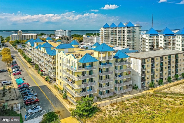 drone / aerial view featuring a water view