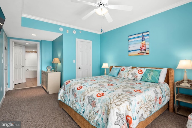 bedroom featuring dark carpet, ceiling fan, and ornamental molding